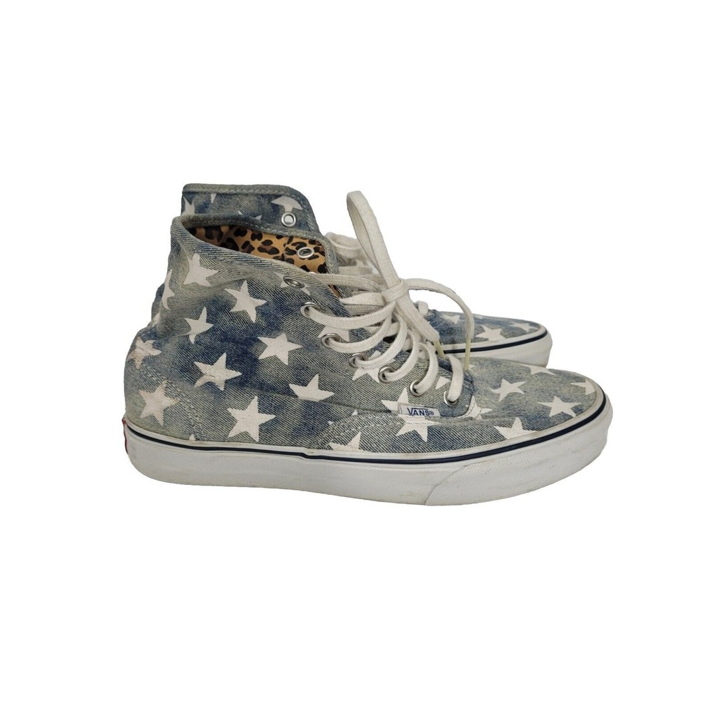 VANS Authentic HI Top Washed Denim Shoes Women 9 Men 7.5 Stars Leopard Lining